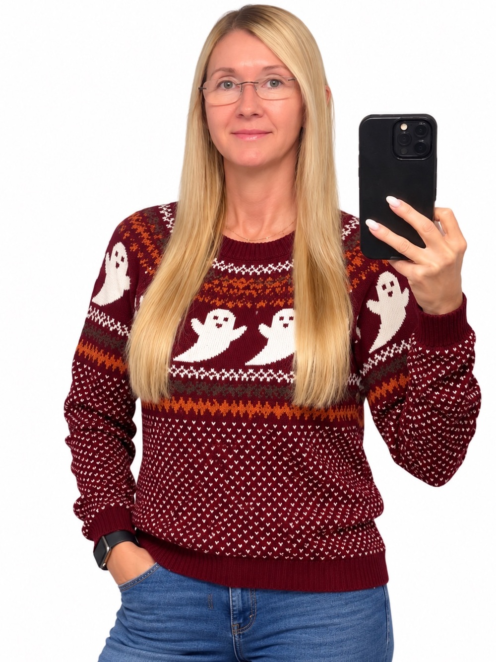 NWOT Women’s Burgundy Halloween Ghost Pattern Cable- Knit Pullover Sweater Sz M